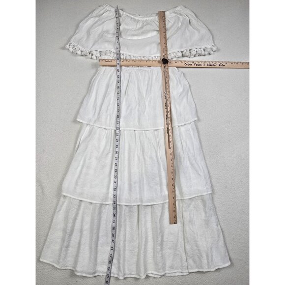 Jodifl Boho White Off Shoulder Tiered Maxi Dress Pom Pom Trim Medium Romantic - Picture 5 of 5